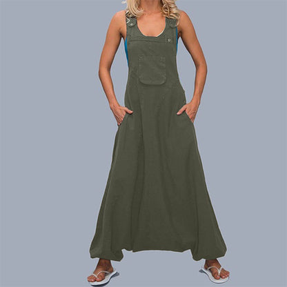 Women Loose Casual Edgy Sleeveless Pockets Solid Color Wide Legs Jumpsuits Overalls