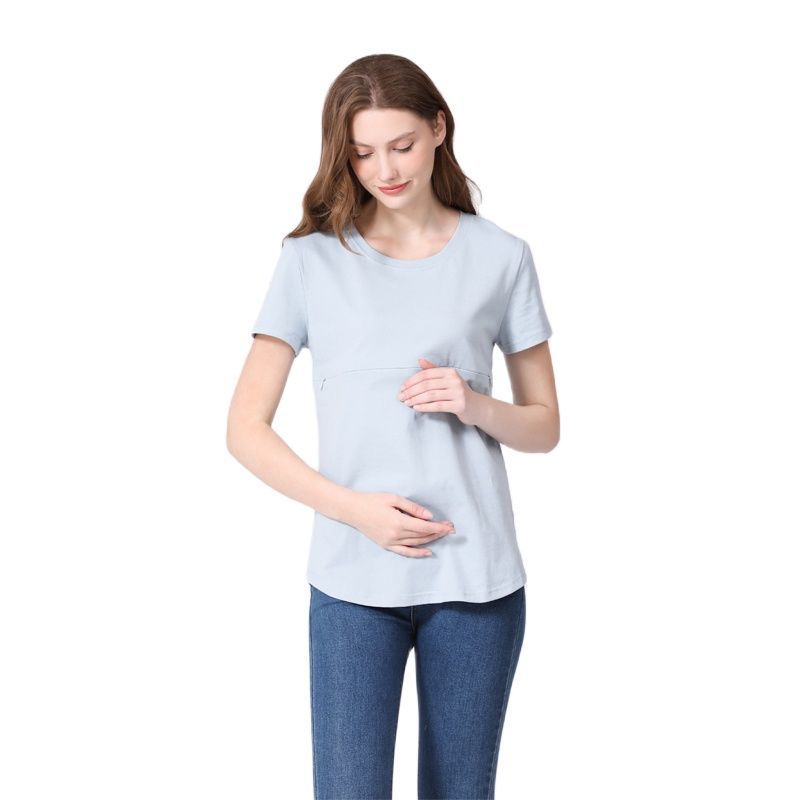 Camiseta informal de algodón de manga corta con cremallera para mujer embarazada y lactante