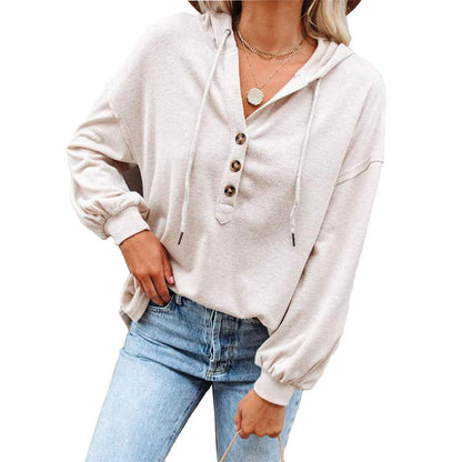 Women Casual Solid Color Long Sleeves Hooded Loose Solid Color Top