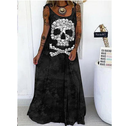 Vestido largo con estampado floral y calavera gótica informal de Halloween para mujer
