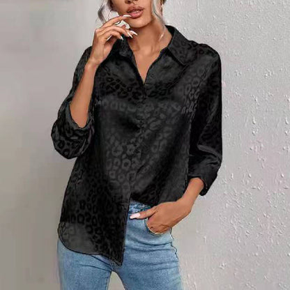 Blusa informal de manga larga con solapa y estampado de leopardo y satén jacquard para mujer