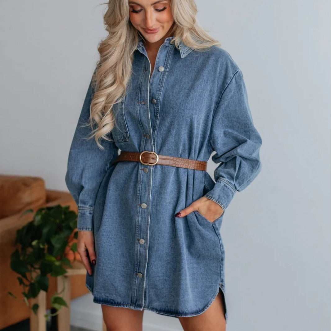Women Fashion Casual Loose Lapel Long Sleeve Single Breasted Denim Dress
