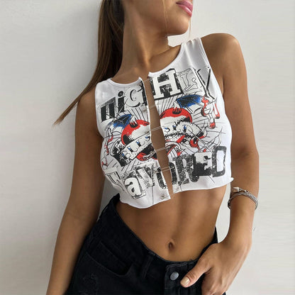 Camiseta sin mangas con estampado informal y hebilla en el ombligo para mujer