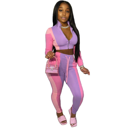 Conjunto deportivo informal de dos piezas para mujer: top corto con cremallera y pantalones ajustados con bloques de color
