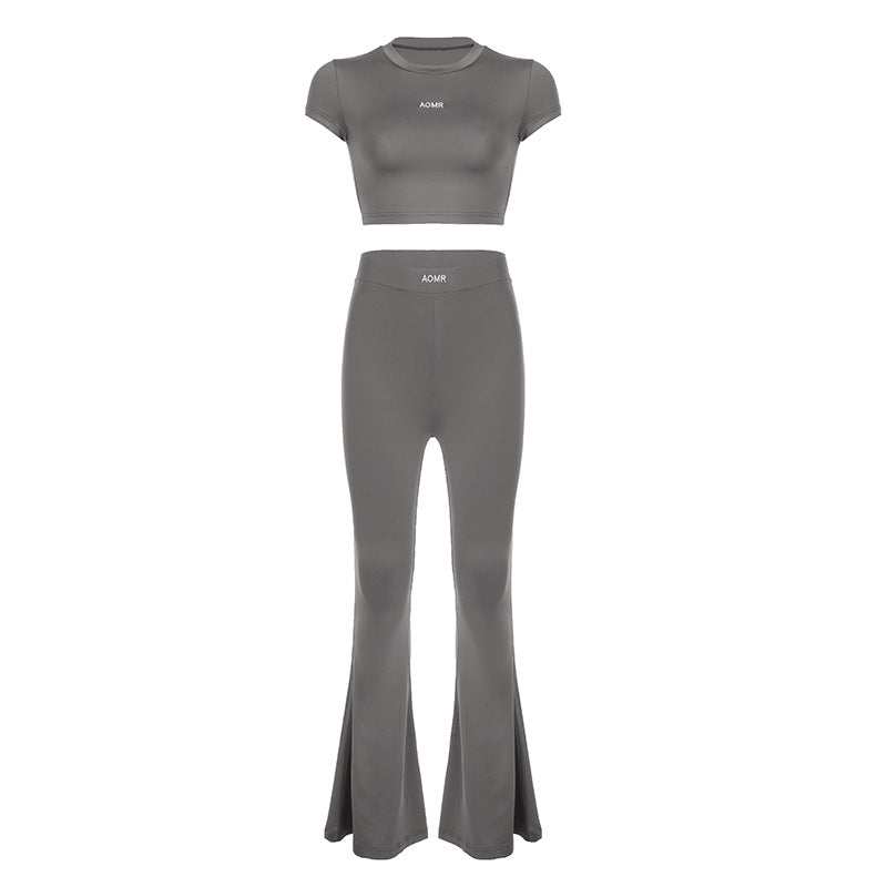 Conjunto de dos piezas de top y pantalón de manga corta de color liso informal para mujer