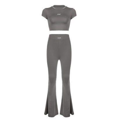 Conjunto de dos piezas de top y pantalón de manga corta de color liso informal para mujer