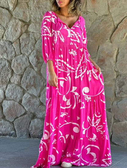 Women Casual Loose Graphic Printed V-Neck Plus Size Dress