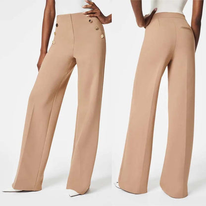 Women Fashion Casual High Waist Button Wide Leg Slim Fit Pants