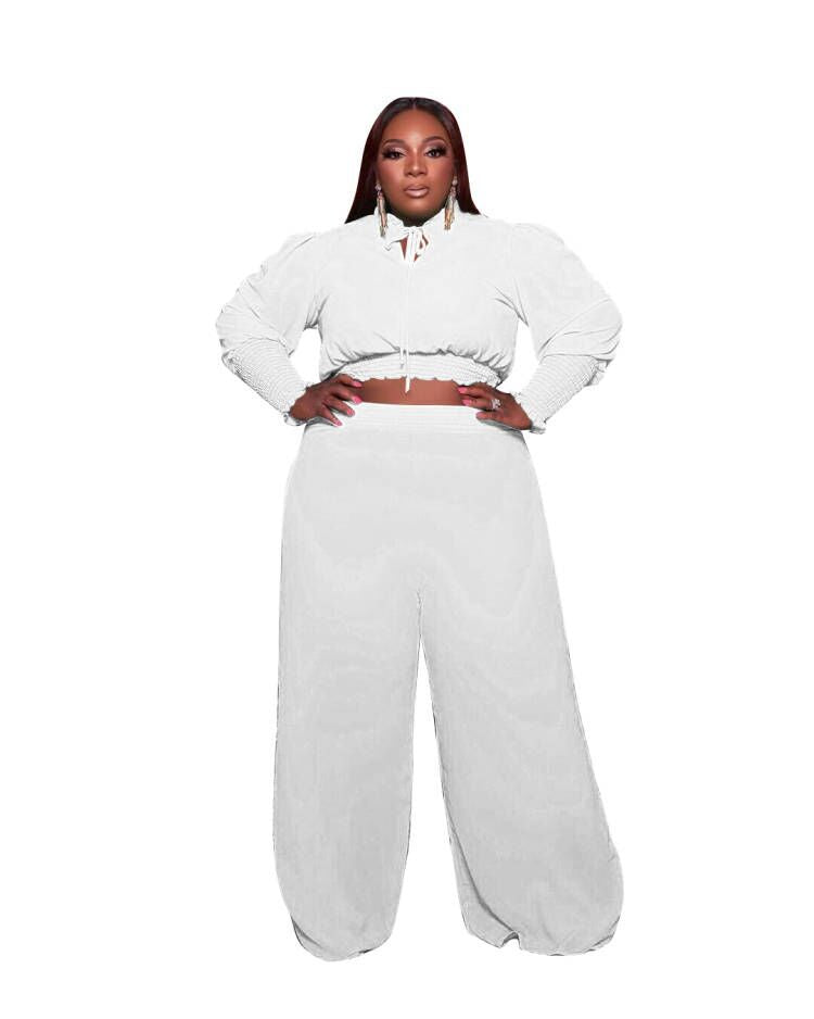 Conjunto de dos piezas de blusa corta de manga larga y pantalones de pierna ancha para mujer, informal, de color liso, talla grande