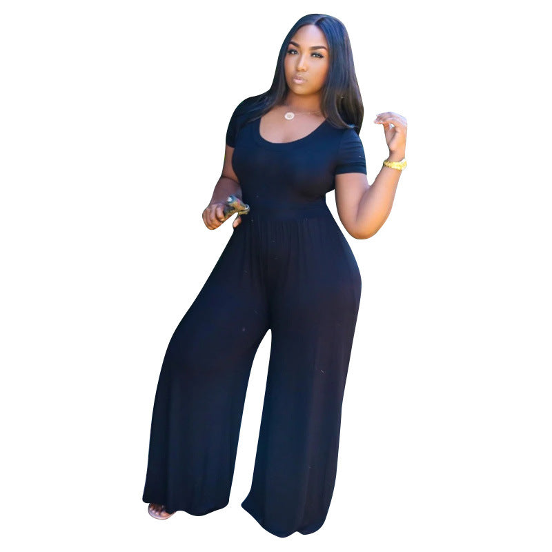 Women Elegant Basic Solid Color Short-sleeved Fashion Casual Plus Size Wide Leg Jumpsuits