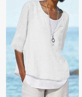 Blusa informal de lino con cuello en V y color liso para mujer