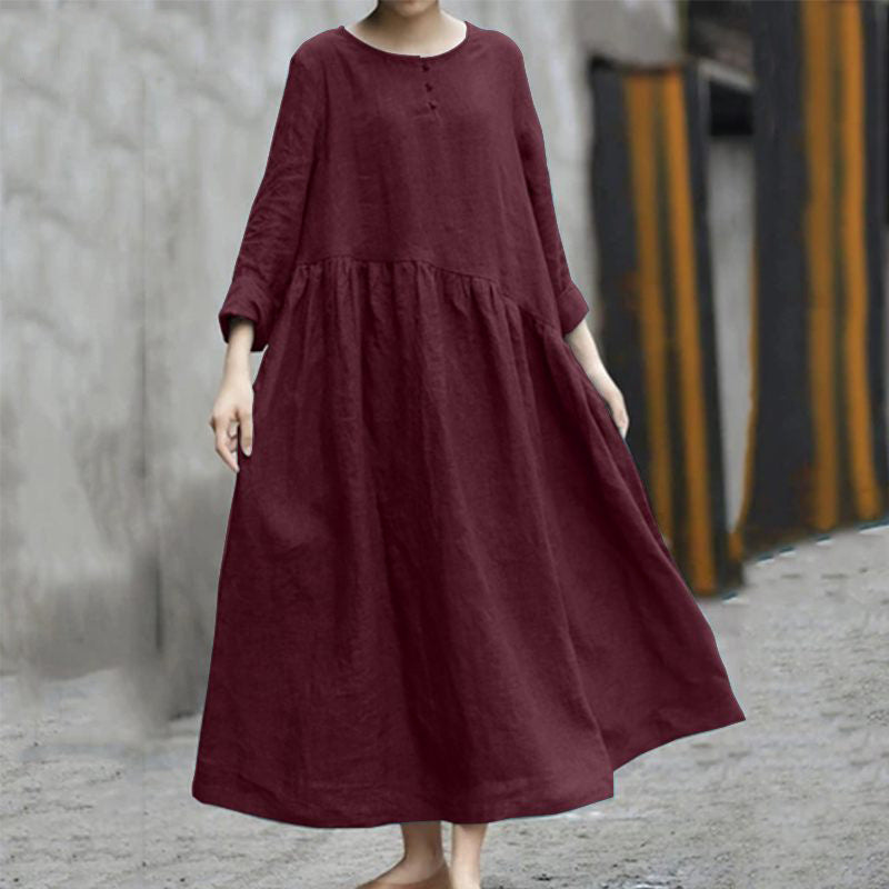 Women Casual Loose Plus Size Solid Color Round Neck Pocket Long Sleeve Dress