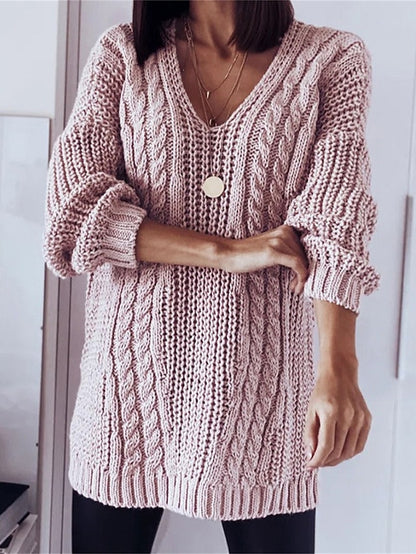 Women Fashion Casual Loose V-Neck Knitted Sweater