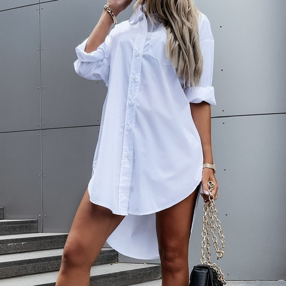Blusa informal de manga larga con bolsillos y un solo pecho para mujer