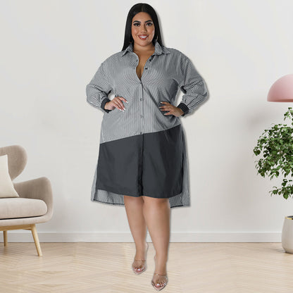 Women Fashion Casual Plus Size Stripe Long Sleeve Dress