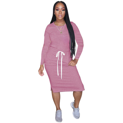Classic Simple Casual Solid Color Long Sleeve Women Drawstring Dress