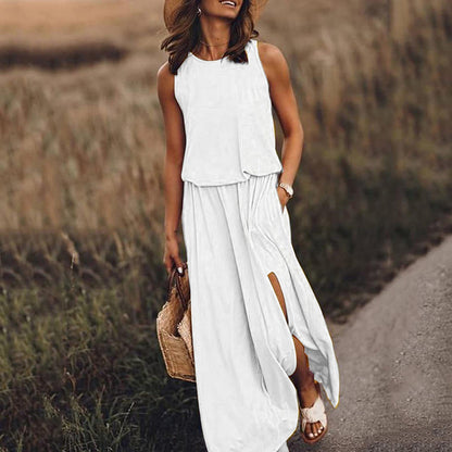 Summer Women Casual Basic Round Neck Sleeveless Side-slit Solid Color Long Dress