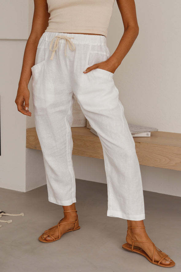 Women'S Loose Casual Lace-Up Cotton Linen Straight Pants