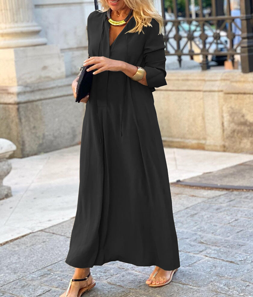 Vestido largo informal de manga larga con solapa y color liso para mujer