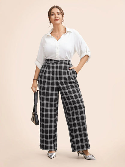 Plus Size Women'S Casual Plaid Wide-Leg Pants