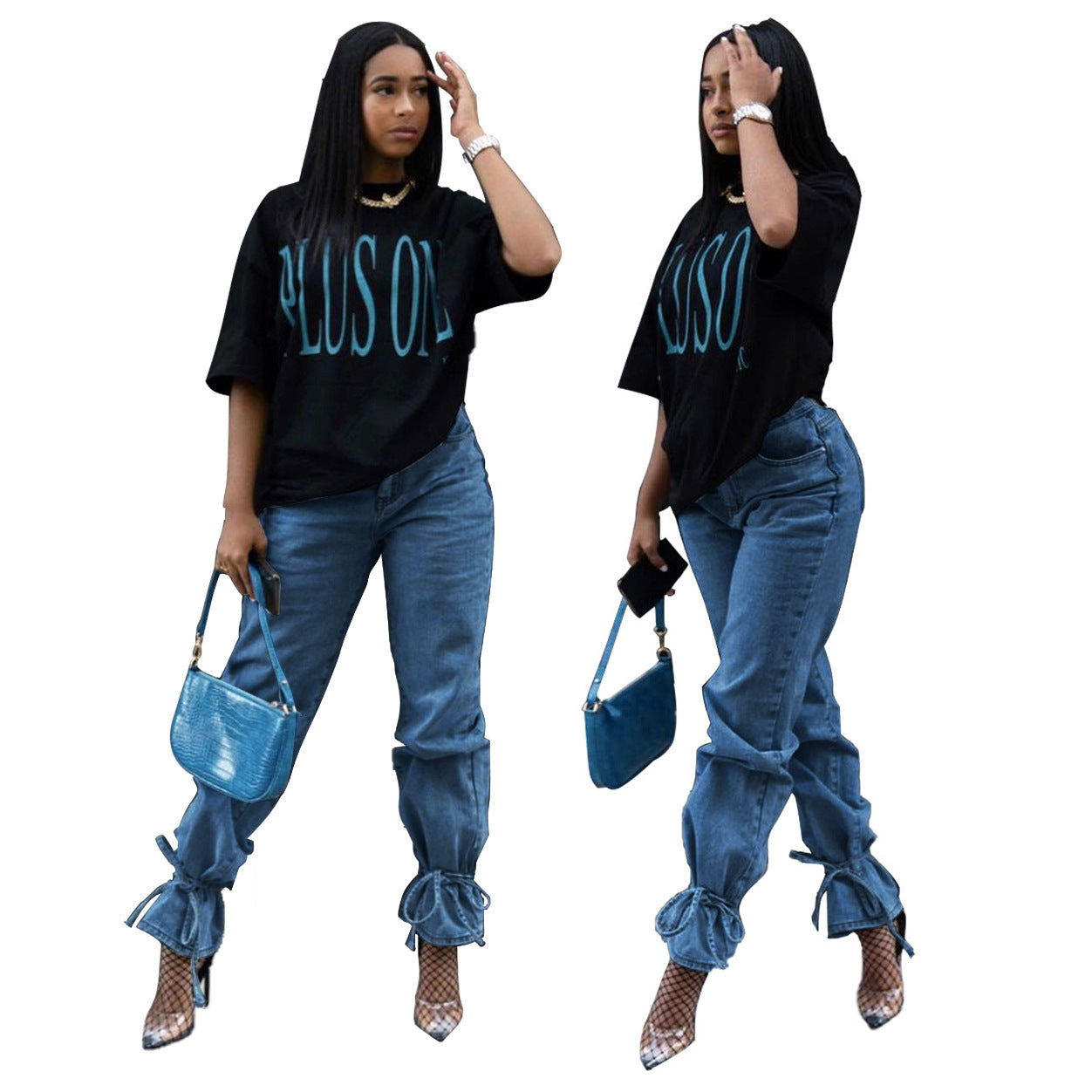 Vaqueros ajustados con volantes de color liso para mujer