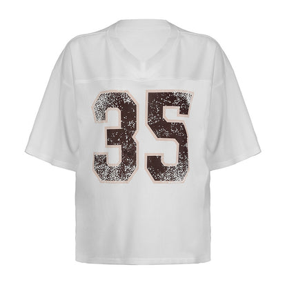 Camiseta de jersey de manga corta con cuello en V y estampado de letras y lentejuelas para mujer