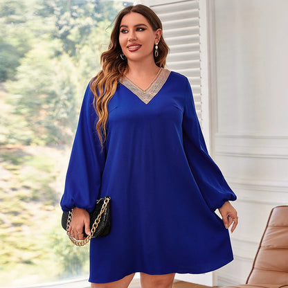 Women'S Plus Size 2023 Autumn And Winter Loose Casual Stitching Lace Long-Sleeved A- Line Dress
