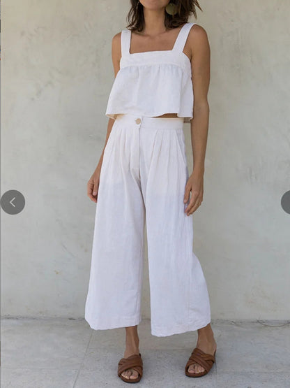 Conjunto de dos piezas de top con tirantes y pantalones anchos con diseño de botones para mujer