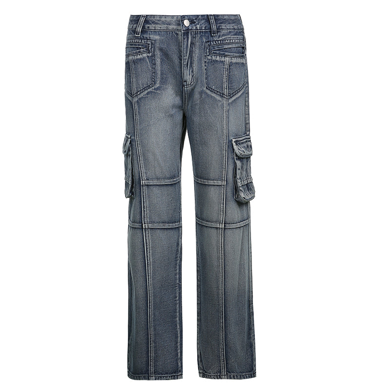 Pantalones vaqueros cargo informales con bolsillos y parches de cintura baja vintage para mujer