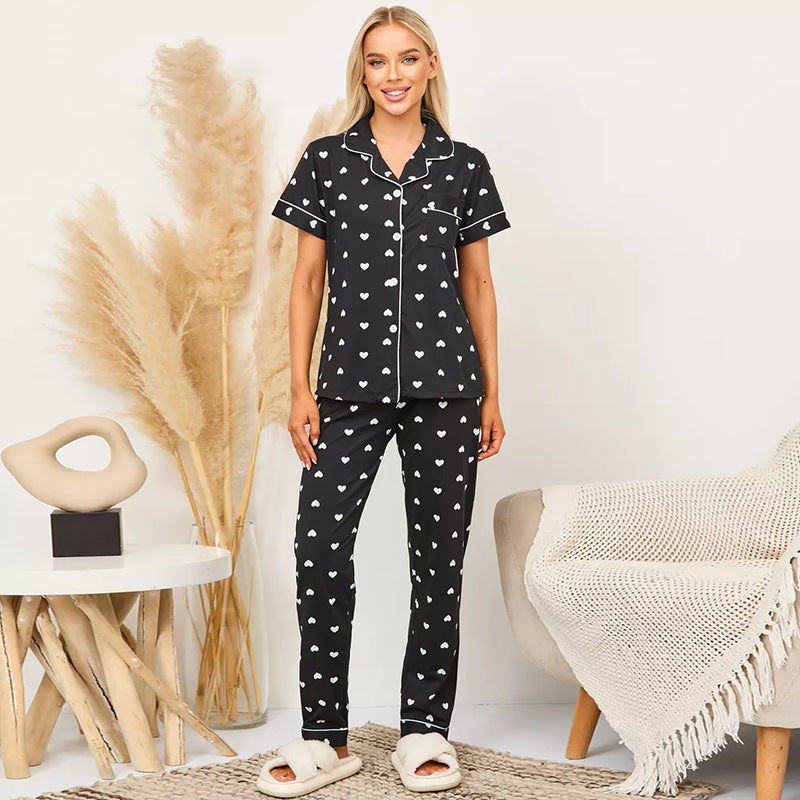 Conjunto de pijama informal de manga corta con estampado de corazones para mujer