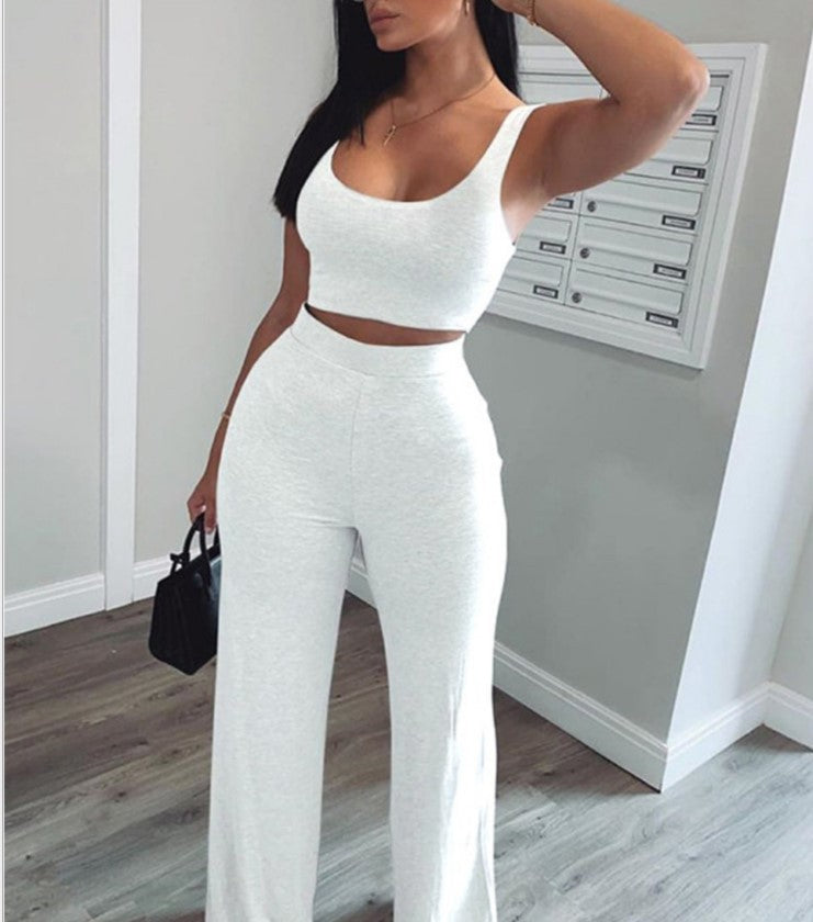 Women Fashion Casual Solid Color Tank Top High-Waiste Loose Pant Two-Piece Set