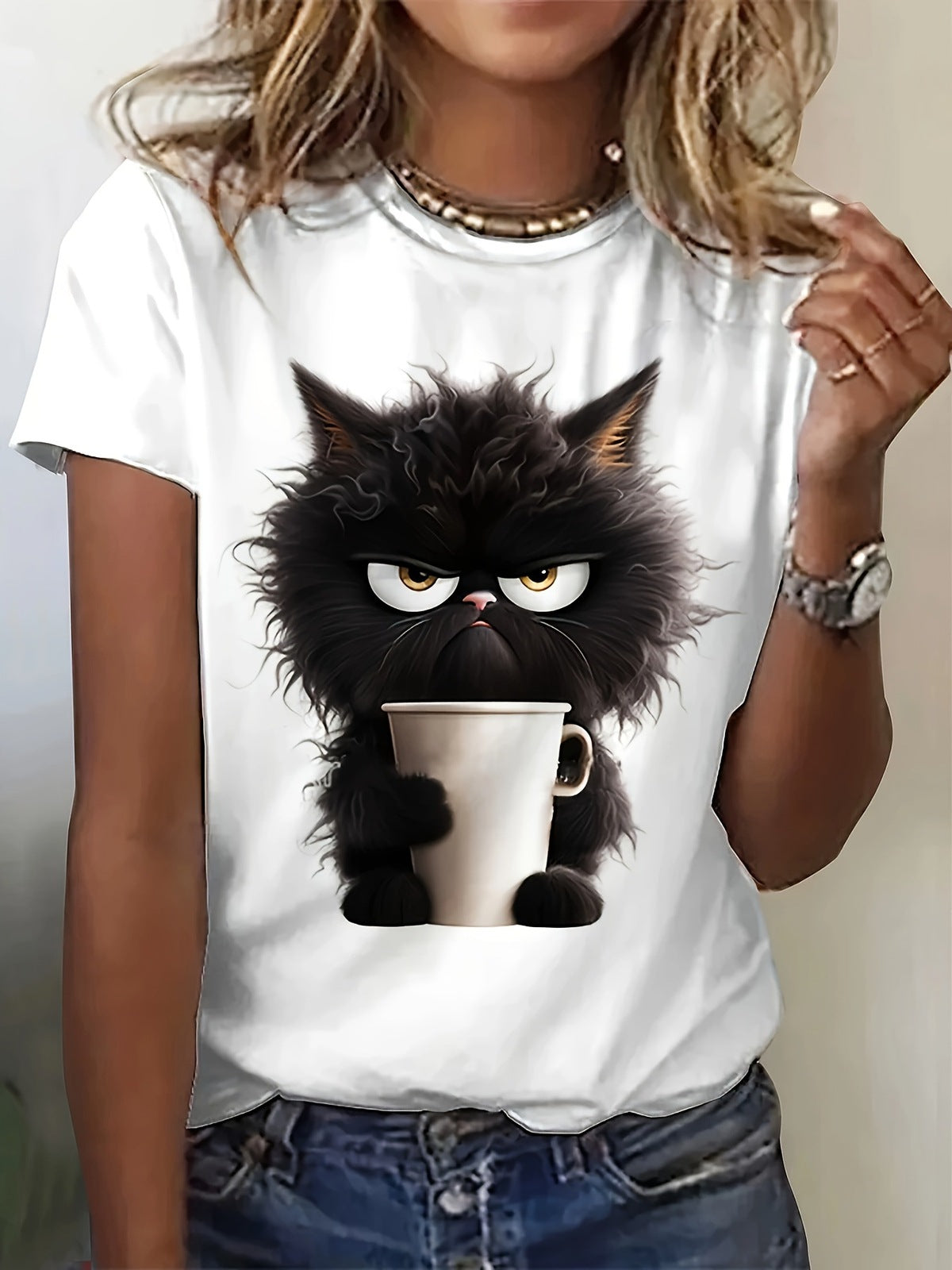 Camiseta informal de manga corta con estampado de gato para mujer