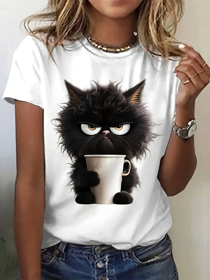 Camiseta informal de manga corta con estampado de gato para mujer