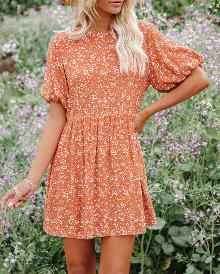 Vestido informal holgado de manga corta con estampado floral y mangas farol para mujer
