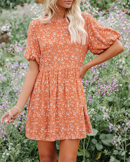 Vestido informal holgado de manga corta con estampado floral y mangas farol para mujer