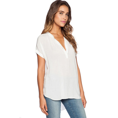 Blusa holgada informal de manga corta con cuello en V liso para mujer, estilo chic de oficina