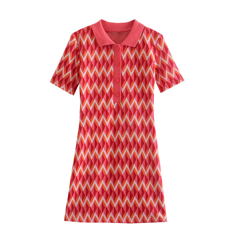 Women Edgy Casual Lapel Short Sleeves Color Blocking A-line Knitted Dress