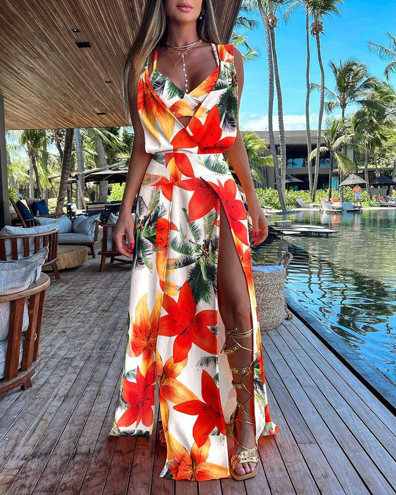 Vestido largo informal de moda para mujer, con estampado floral, sin mangas y abertura lateral