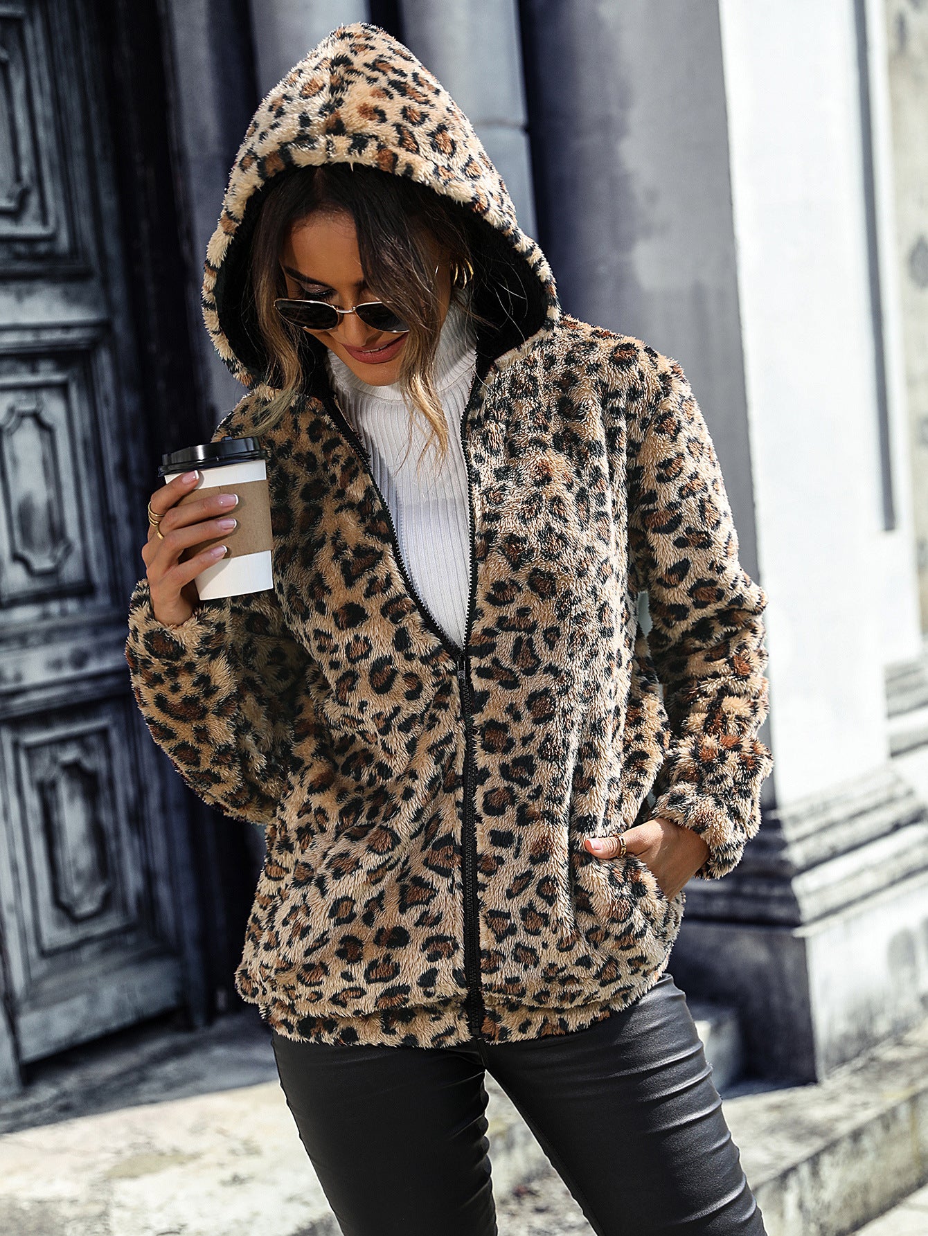 Women Autumn And Winter Hooded Long-Sleeved Leopard Double-Sided Fleece Loose Casual Jacket