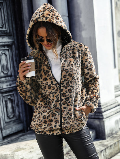 Women Autumn And Winter Hooded Long-Sleeved Leopard Double-Sided Fleece Loose Casual Jacket