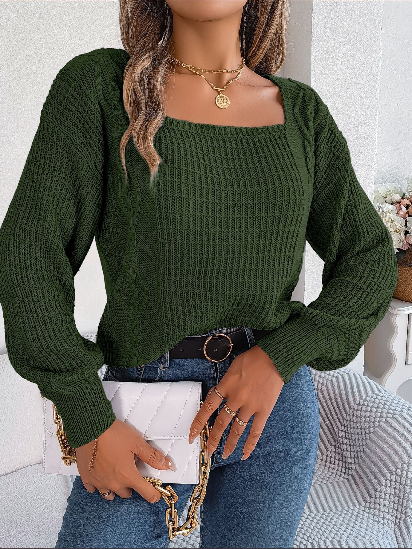 Autumn Winter Women Fashion Casual Solid Color Square Collar Twist Lantern Sleeve Knitted Sweater