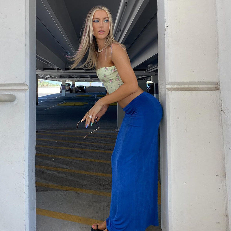 Summer Women Elastic Solid Color Casual Low Waist Long Skirt
