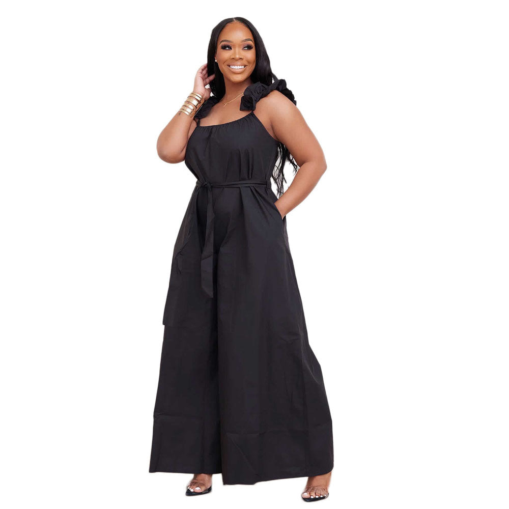 Women Fashion Casual Solid Color Ruffled Shoulder Strap Plus Size Wide Leg Jumpsuit