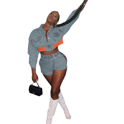 Women Fashion Casual Button Long Sleeve Denim Top Side Cutout Chain Shorts Two-Piece Set