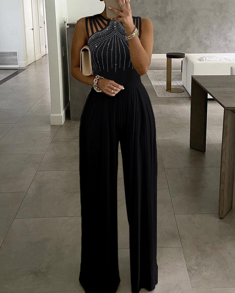 Women Casual Trousers Summer Slim Solid Color Rhinestones Decorative Jumpsuit
