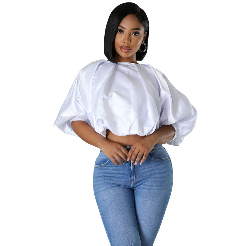 Women Fashion Casual Printed Round Neck Short-Sleeve Crop Top