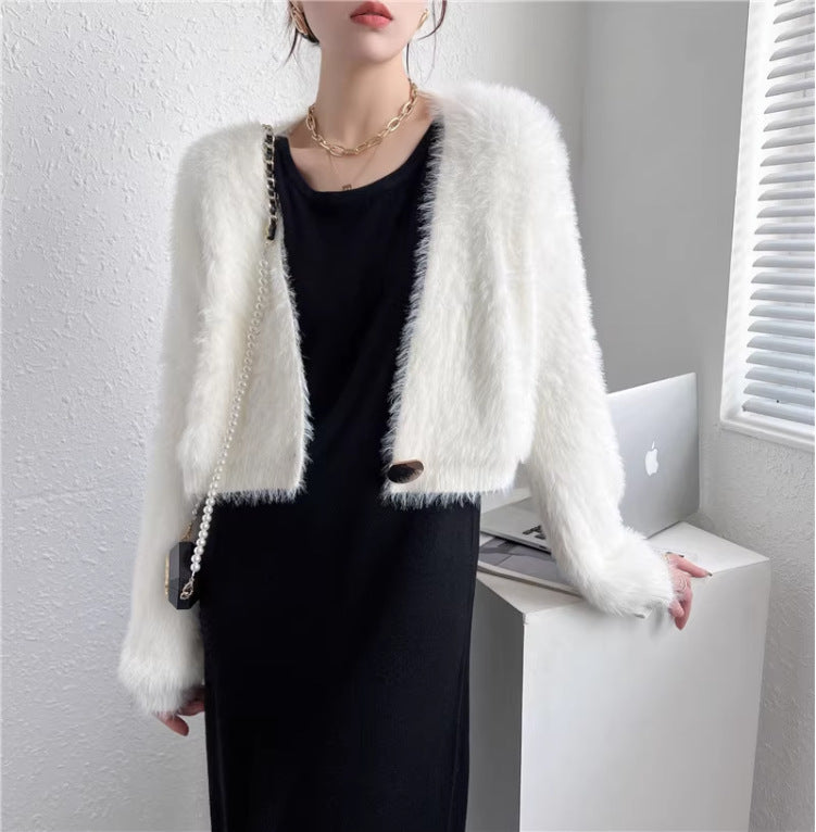 Chaqueta cárdigan de punto de felpa informal de moda para mujer de otoño e invierno