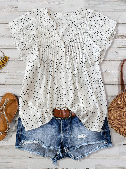 Blusa informal sin mangas con cuello en V y estampado de lunares plisados de color liso para mujer
