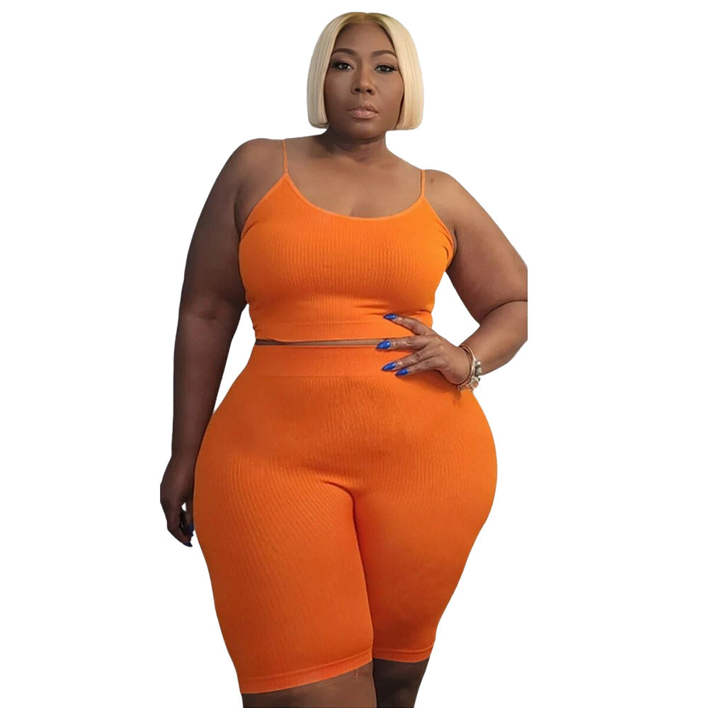 Plus Size Women Athleisure Casual Sports Two-Piece High Elastic U-Shaped Sleeveless Camis Shorts Set