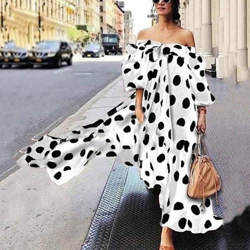Women Elegant Casual Off-the-shoulder Polka Dot Boho Ruffled Maxi Dress
